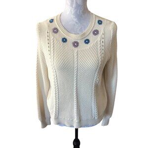Marine Layer Jada Ivory Floral Embroidered Crewneck Sweater Size SMALL